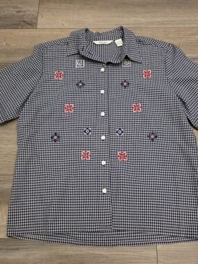 Vintage Tan Jay Petites Gingham Shirt Button Front Short Sleeve Blue and White S